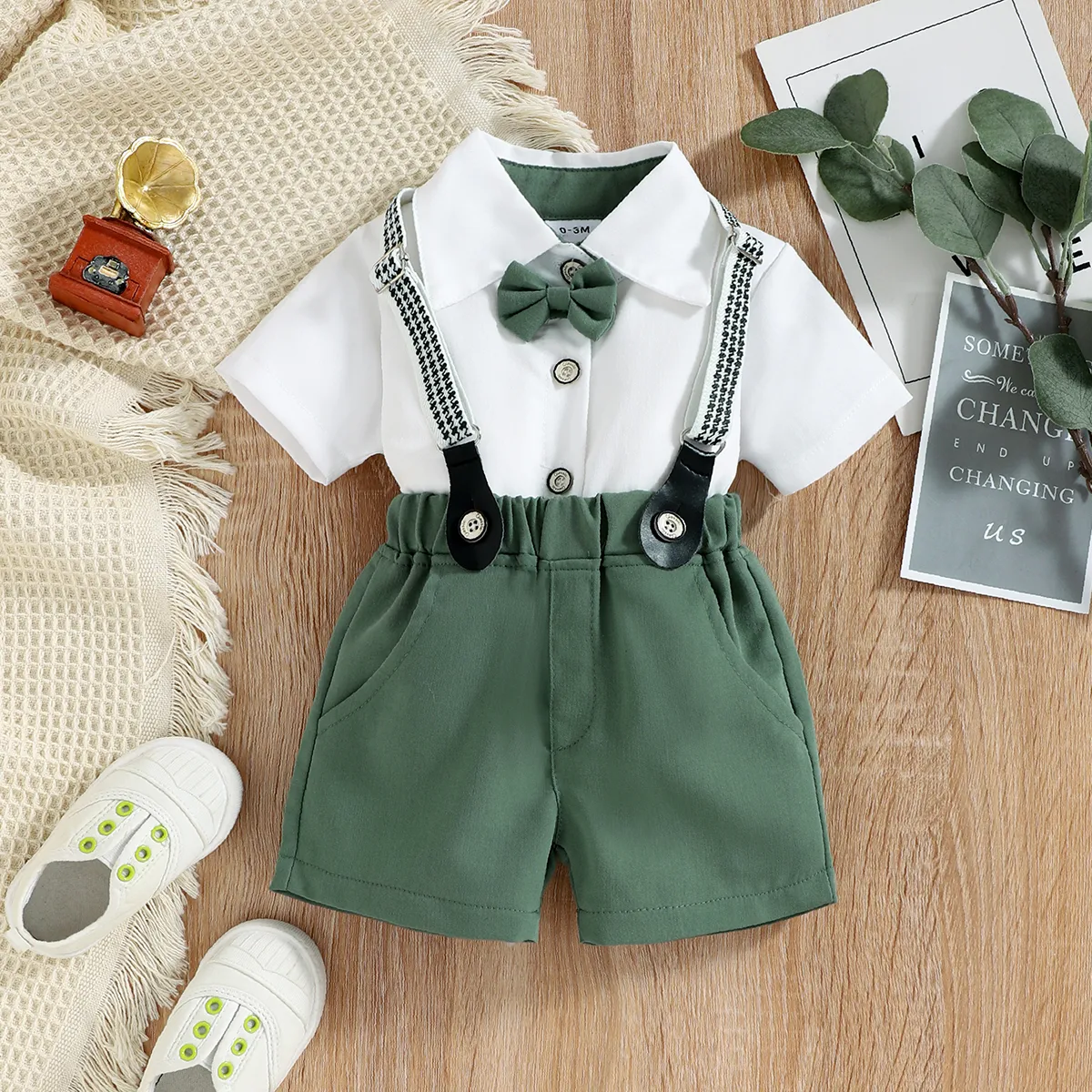 Baby Boy Short-sleeve Party Outfit Gentle Bow Tie Shirt and Suspender Shorts Set  big image 1