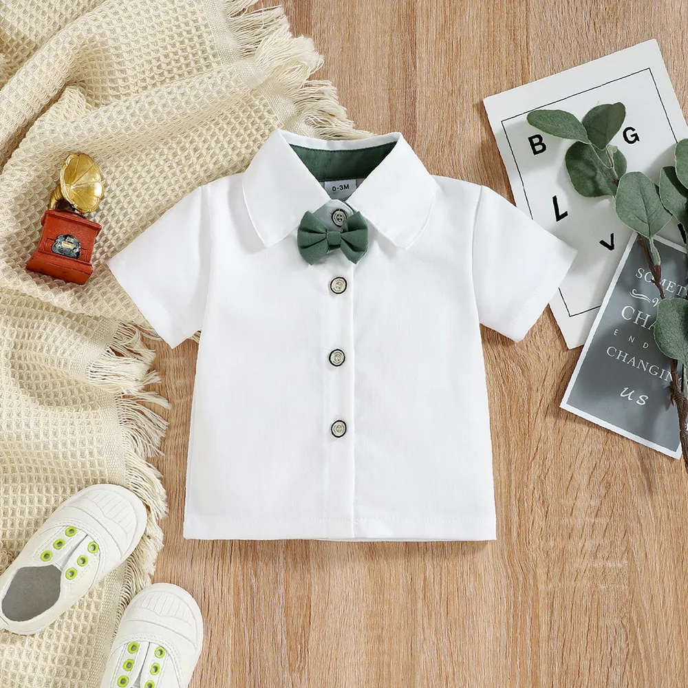 Baby Boy Short-sleeve Party Outfit Gentle Bow Tie Shirt and Suspender Shorts Set big image 6