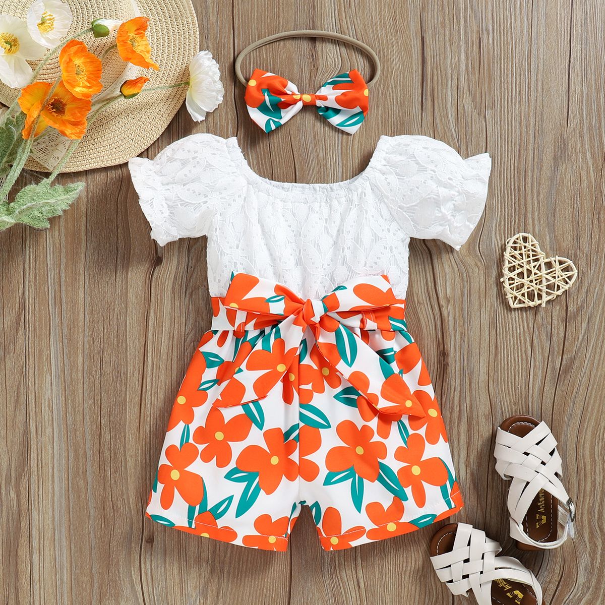 

2pcs Baby Girl Lace Puff-sleeve Splicing Floral Print Belted Romper with Headband Set