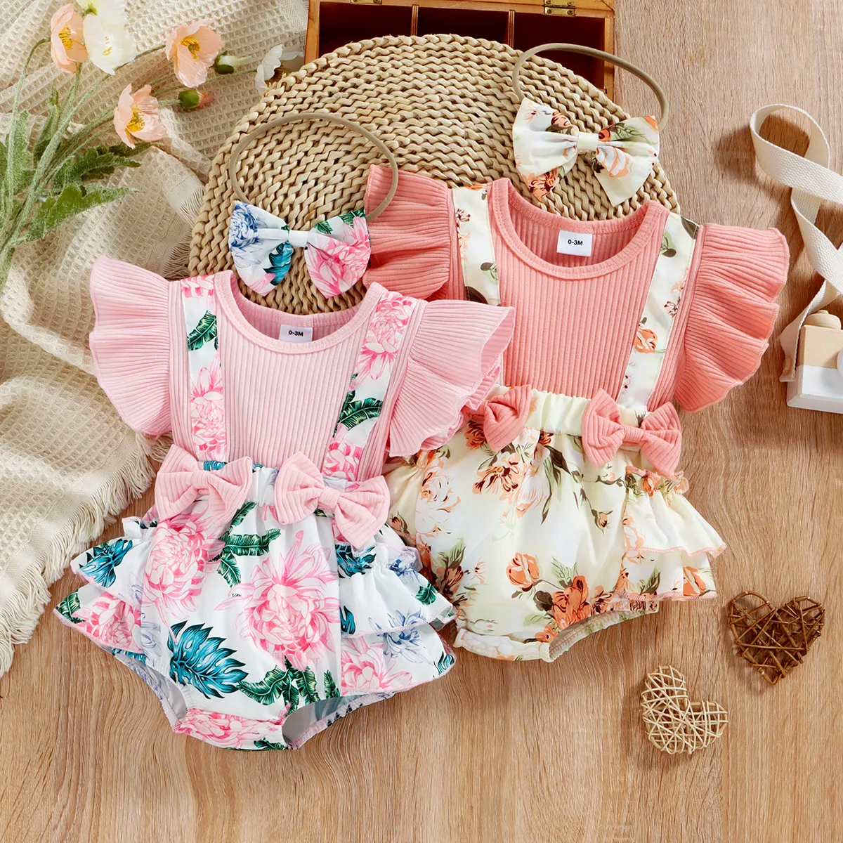 2pcs Baby Girl 95% Cotton Ribbed Ruffle-sleeve Faux-two Floral Print Layered Romper with Headband Set Pink big image 1