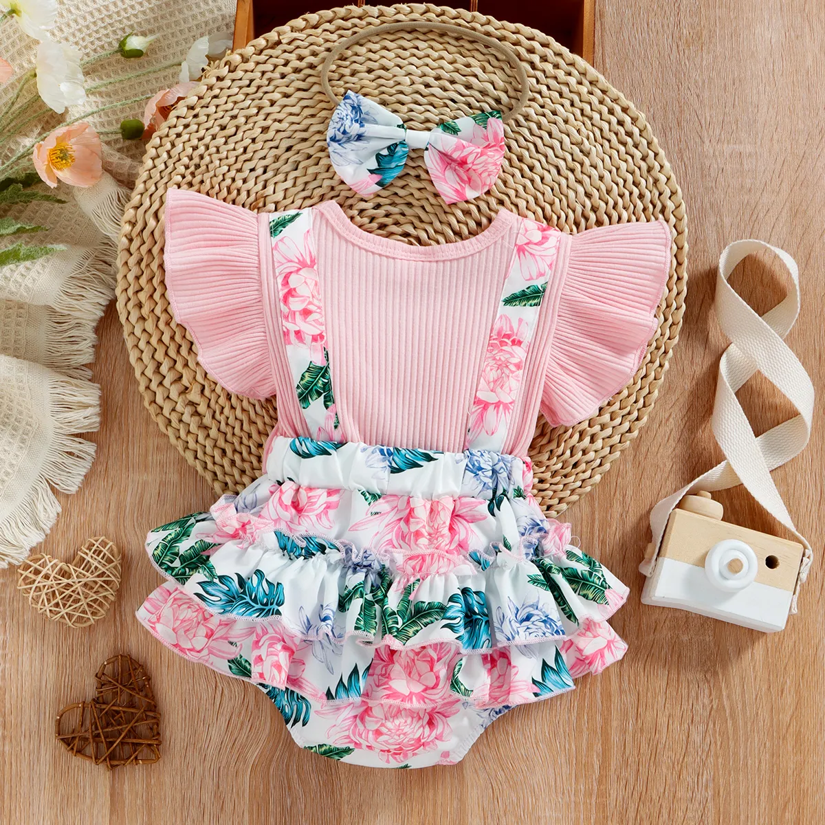2pcs Baby Girl 95% Cotton Ribbed Ruffle-sleeve Faux-two Floral Print Layered Romper with Headband Set Pink big image 1