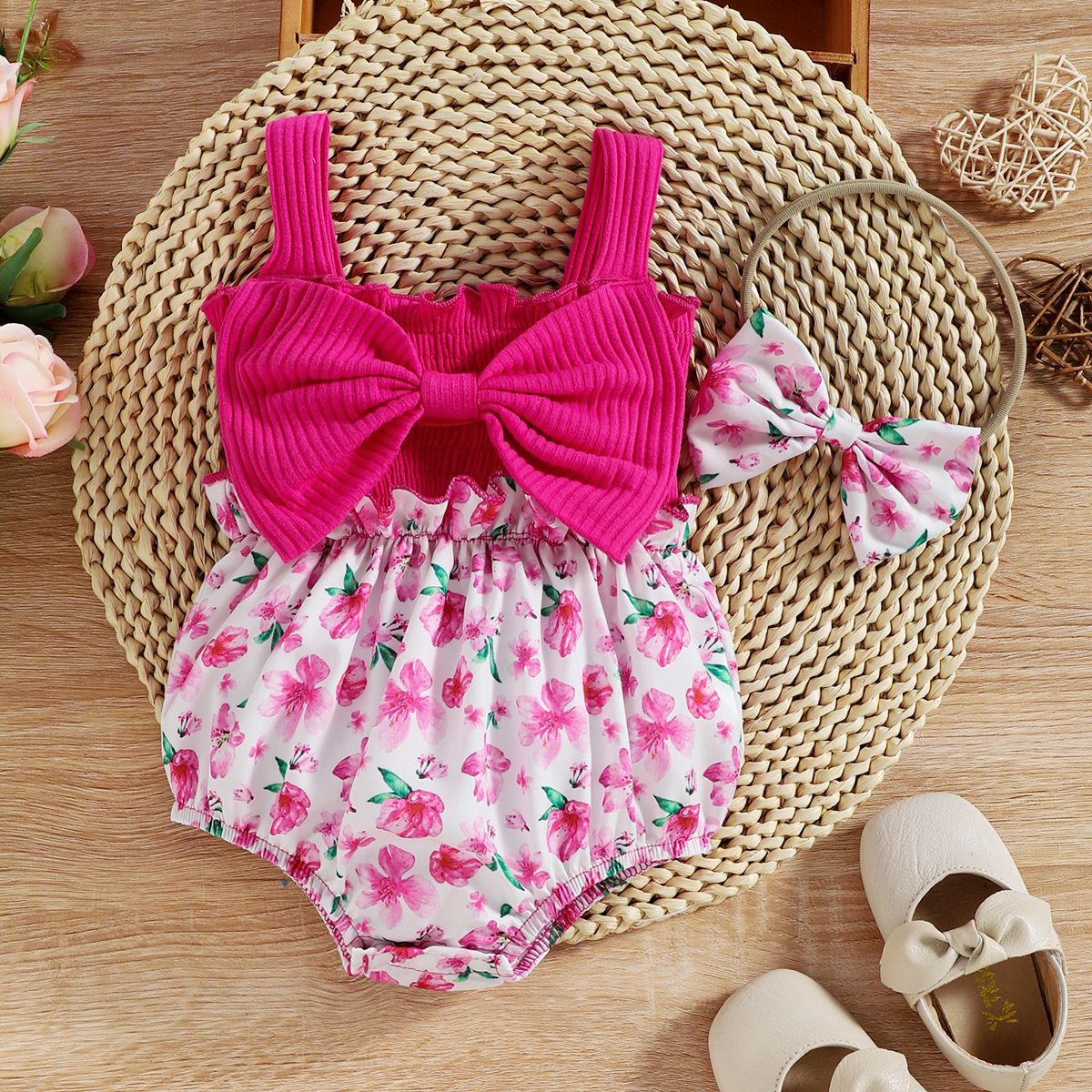 2pcs Baby Girl 95% Cotton Ribbed Bowknot Splicing Floral Print Sleeveless Romper with Headband Set