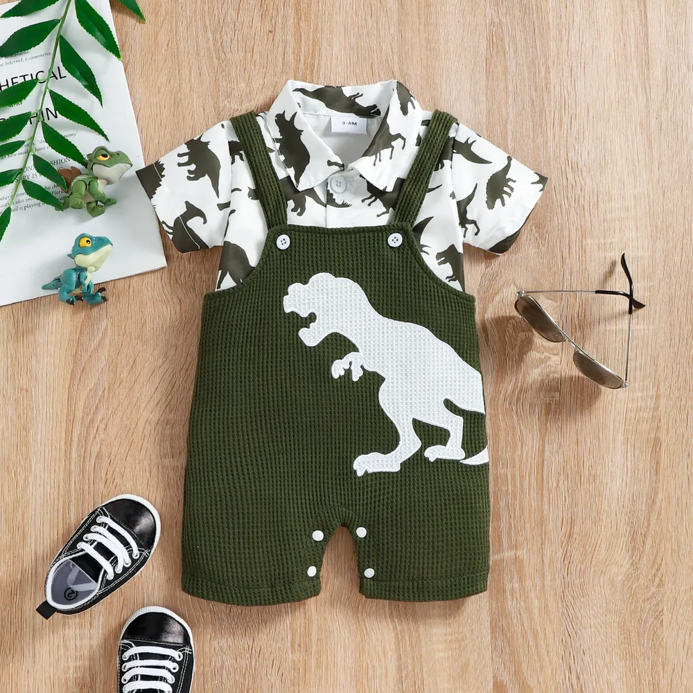 2pcs Baby Boy All Over Dinosaur Print Short-sleeve Shirt and Overalls Shorts Set  big image 1