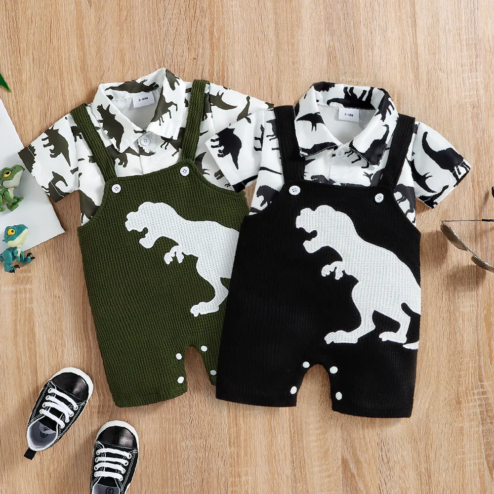 2pcs Baby Boy All Over Dinosaur Print Short-sleeve Shirt and Overalls Shorts Set big image 2