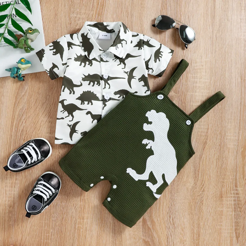 2pcs Baby Boy All Over Dinosaur Print Short-sleeve Shirt and Overalls Shorts Set big image 3