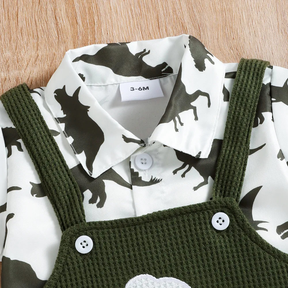 2pcs Baby Boy All Over Dinosaur Print Short-sleeve Shirt and Overalls Shorts Set big image 4