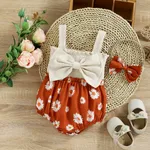 2pcs Baby Girl 95% Cotton Ribbed Bowknot Splicing Floral Print Sleeveless Romper with Headband Set Apricot