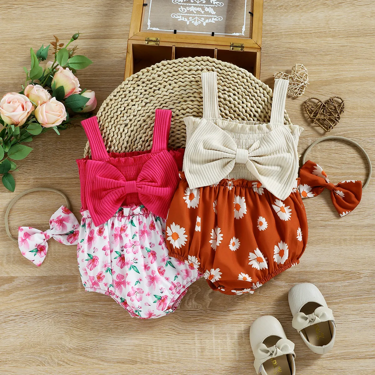 2pcs Baby Girl 95% Cotton Ribbed Bowknot Splicing Floral Print Sleeveless Romper with Headband Set Apricot big image 1