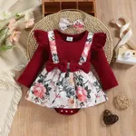2pcs Baby Girl 95% Cotton Ribbed Long-sleeve Faux-two Floral Print Romper with Headband Set Red