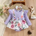 2pcs Baby Girl 95% Cotton Ribbed Long-sleeve Faux-two Floral Print Romper with Headband Set Light Purple