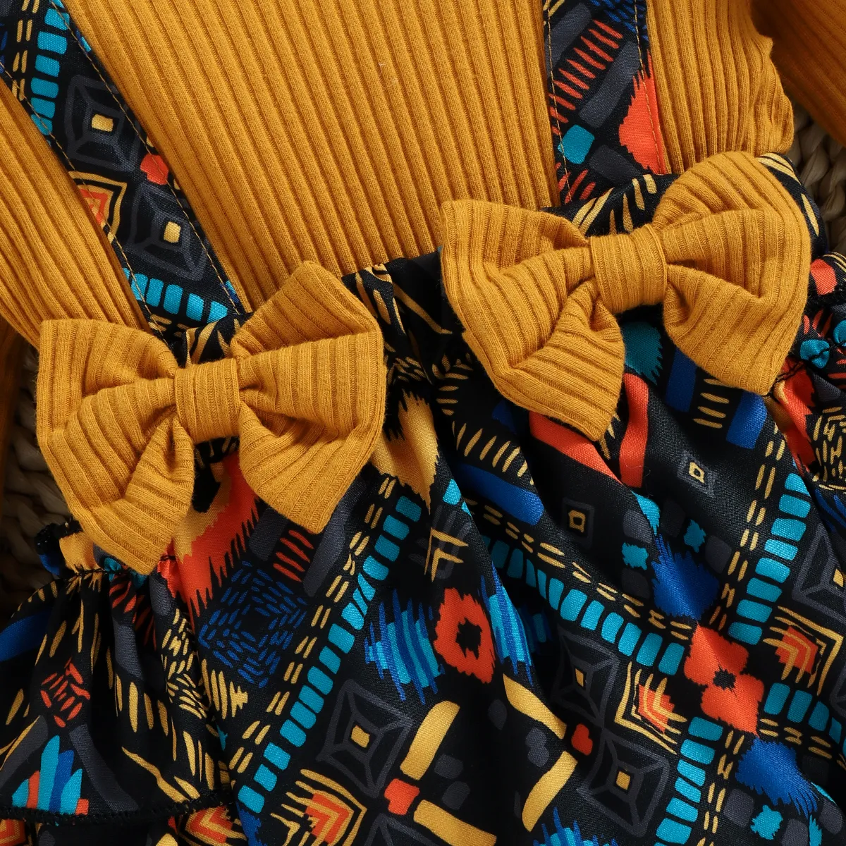 2 قطعة طفلة 95٪ قطن طويلة الأكمام ضلع متماسكة كشكش Bowknot تقسم الطبقات بوهو طباعة رومبير مع مجموعة عقال زنجبيل image 4