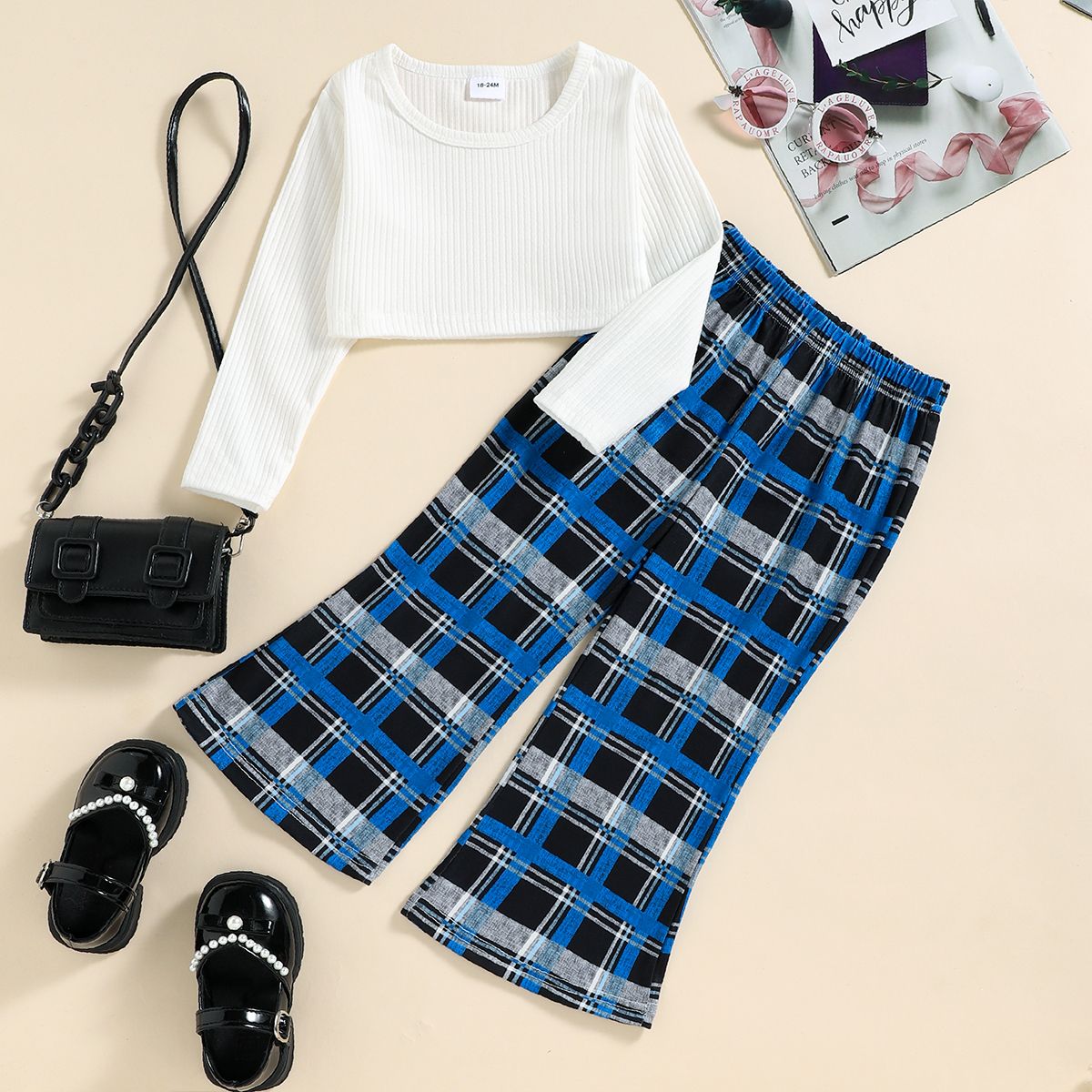 

2pcs Toddler Girl Ribbed Long-sleeve White Crop Tee and Plaid Flared Pants Set