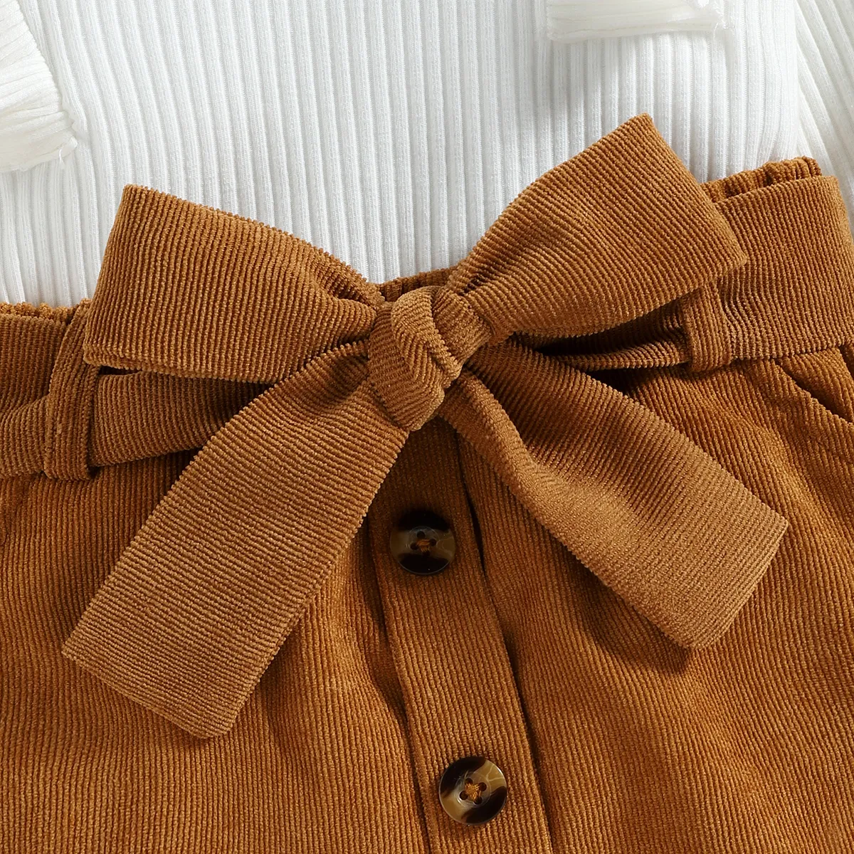 2pcs Toddler Girl Trendy Ruffled Ribbed Tee and Button Design Corduroy Skirt Set White big image 1