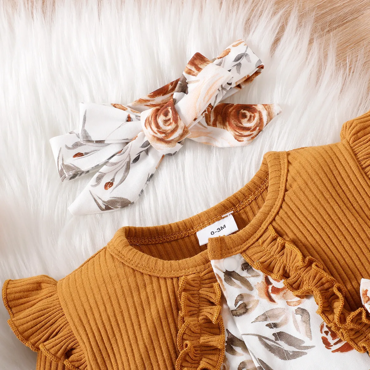 2pcs Baby Girl 95% Cotton Long-sleeve Faux-two Rib Knit Ruffle Trim Bow Front Spliced Floral Print Jumpsuit with Headband Set Brown big image 1