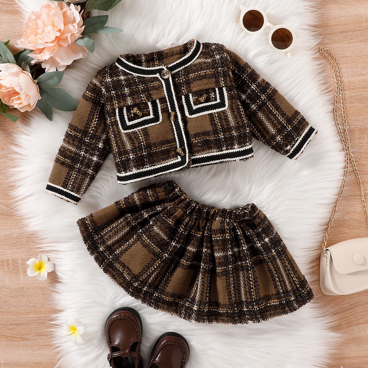 

2pcs Baby Girl Long-sleeve Contrast Binding Brown Plaid Tweed Button Front Cardigan and Skirt Set