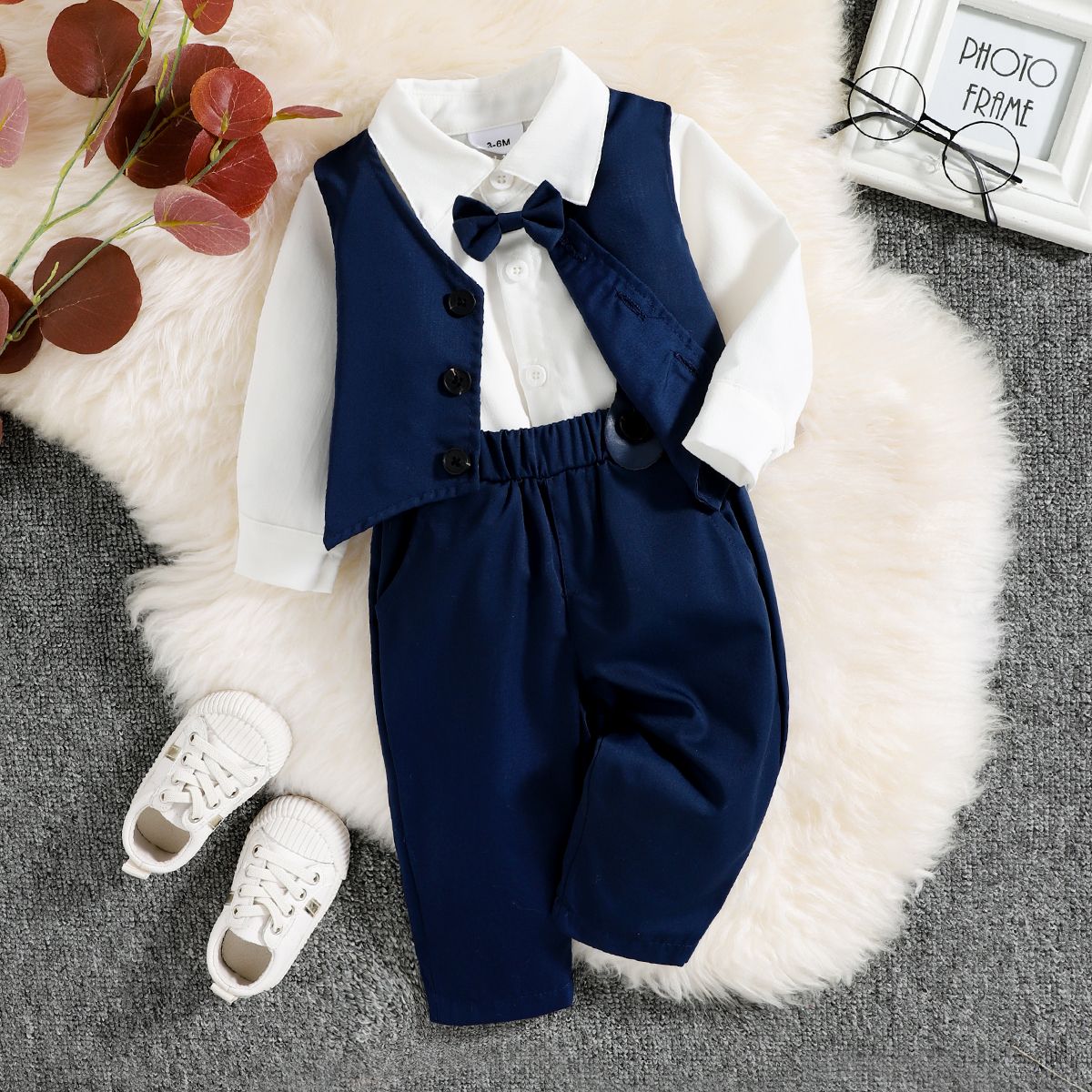 3pcs Baby Boy Party Outfits Gentleman Bow Tie Long-sleeve Shirt and Solid Waistcoat with Suspender P