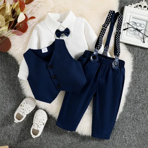 3pcs Baby Boy Party Outfits Gentleman Bow Tie Long-sleeve Shirt and Solid Waistcoat with Suspender Pants Set