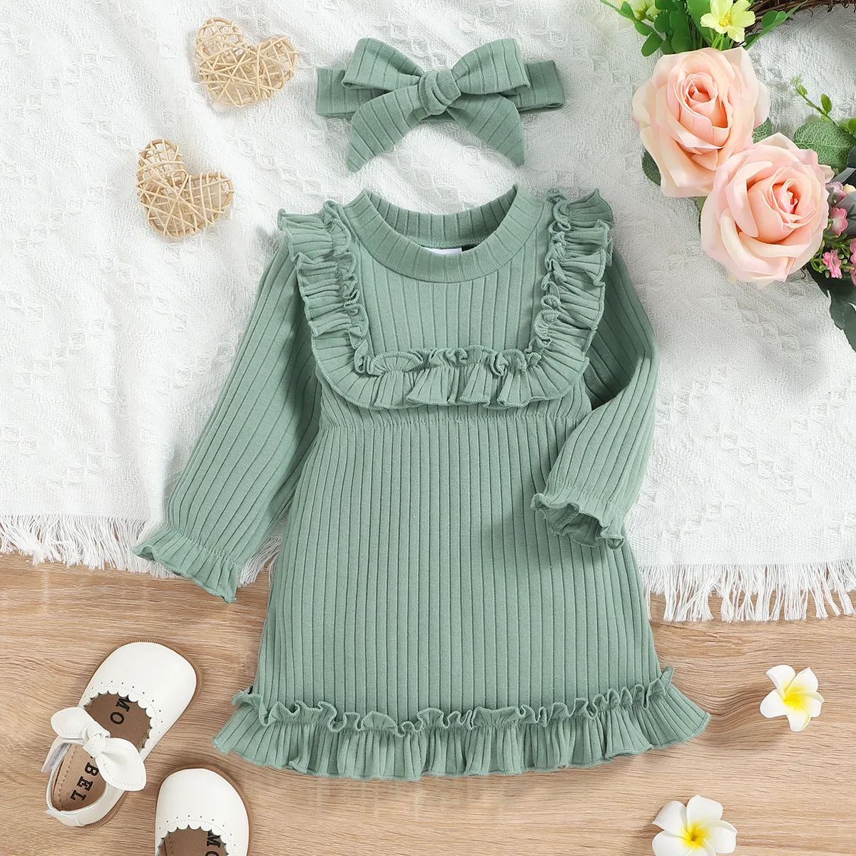 

2pcs Baby Girl Solid Rib Knit Ruffle Trim Long-sleeve Dress with Headband Set