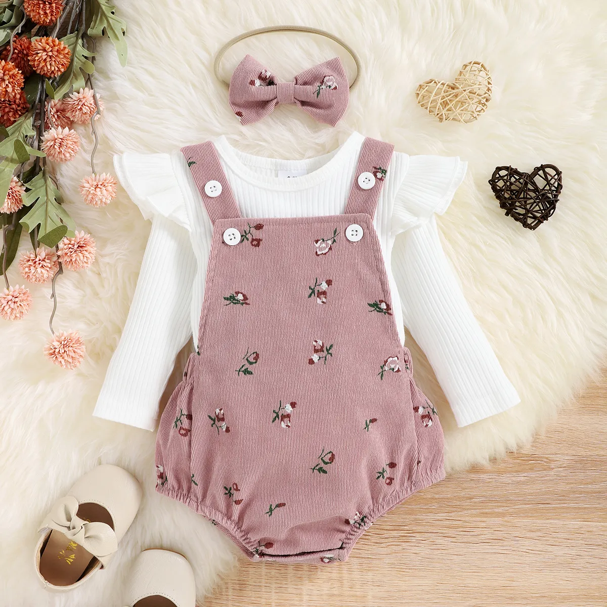 3pcs Baby Girl 95% Cotton Long-sleeve Solid Rib Knit Ruffle Trim Top and Floral Print Romper with He
