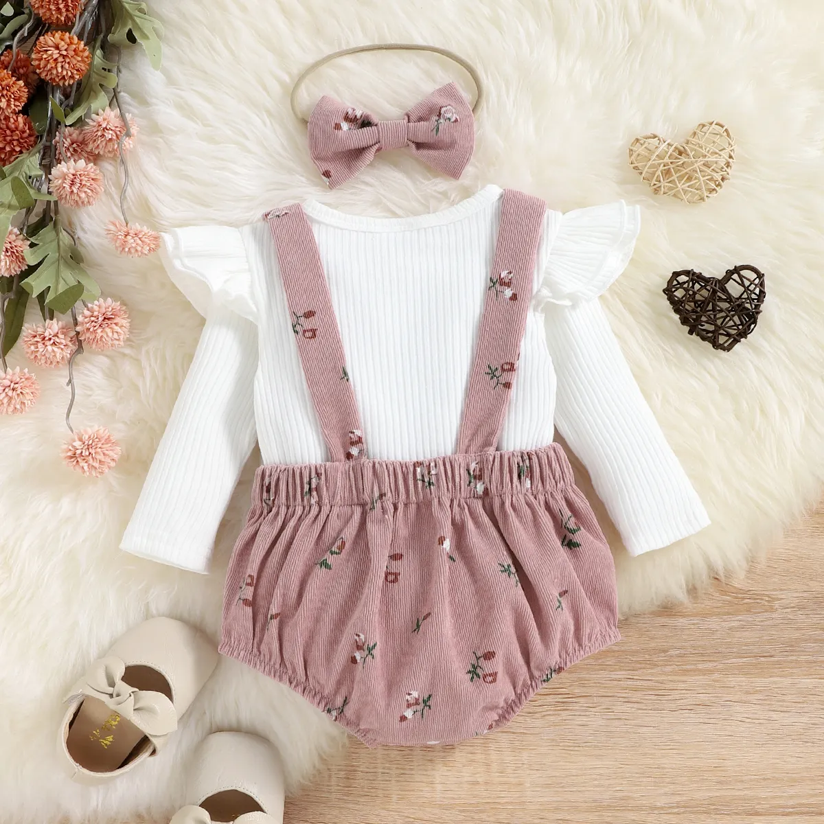 3pcs Baby Girl 95% Cotton Long-sleeve Solid Rib Knit Ruffle Trim Top and Floral Print Romper with Headband Set White big image 1