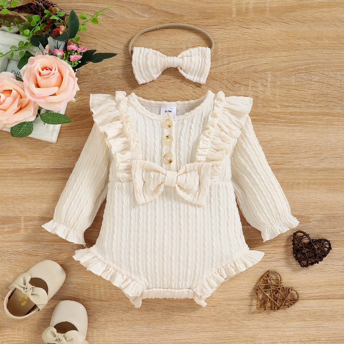 

2pcs Baby Girl 95% Cotton Rib Knit Ruffle Trim Bowknot Button Front Long-sleeve Romper with Headband Set