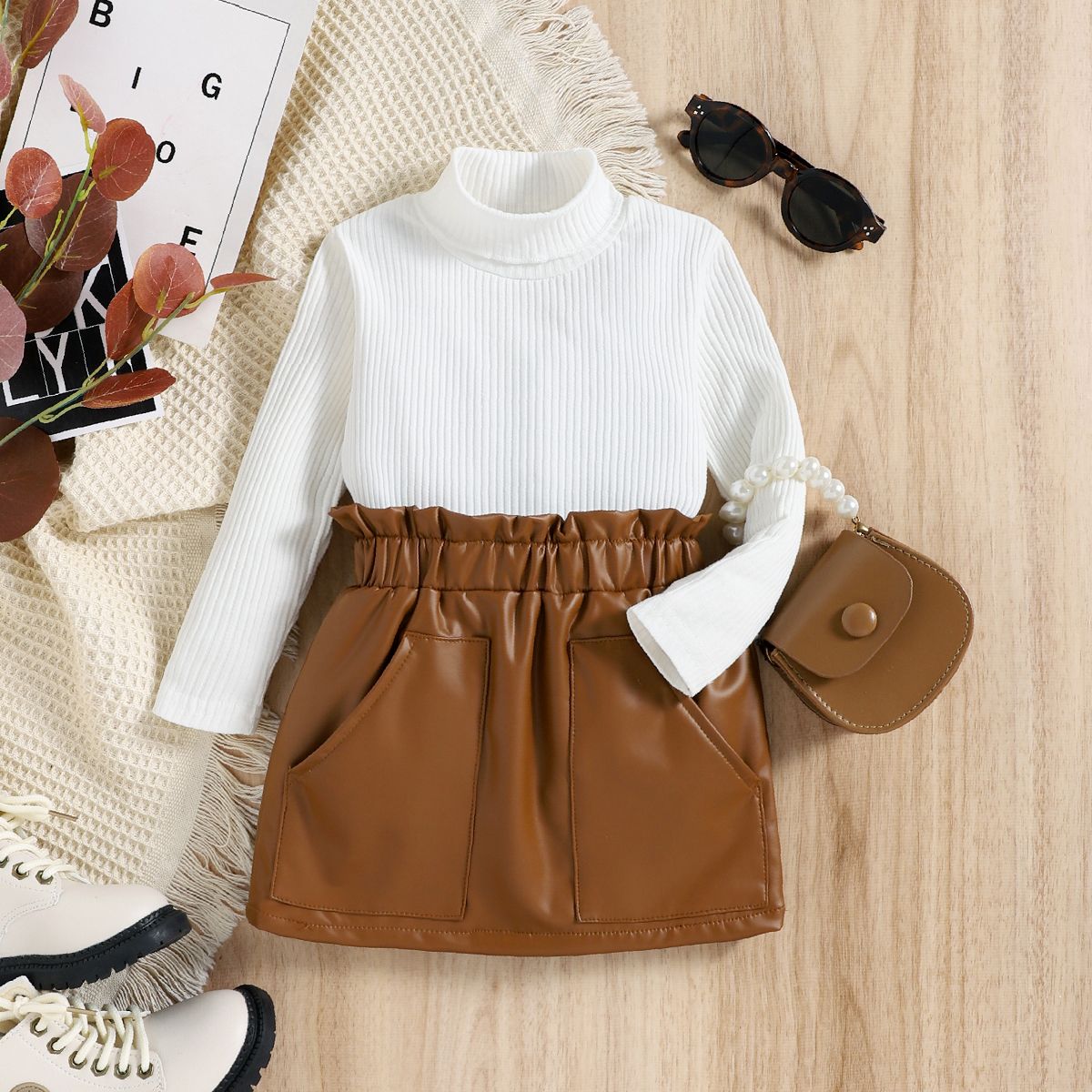 

2pcs Toddler Girl Elegant Mock Neck White Tee and Pocket Design PU Skirt Set