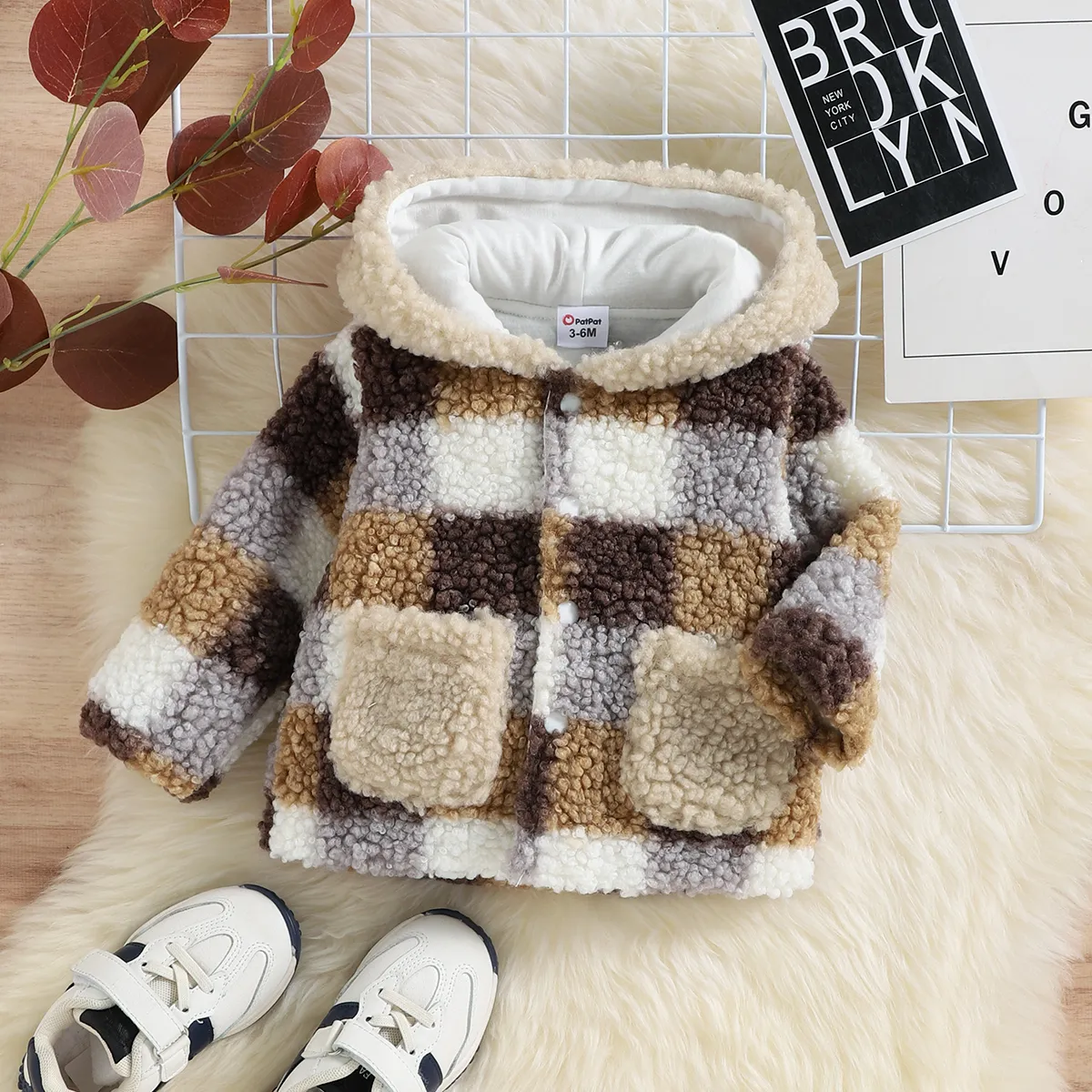 Baby Boy/Girl Plaid Pattern Thermal Fuzzy Hooded Long-sleeve Coat Brown big image 1
