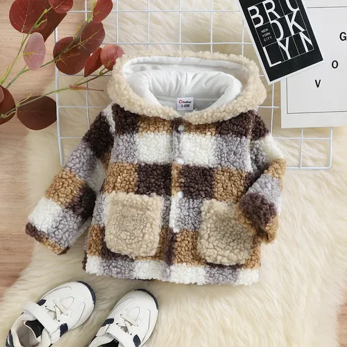 Baby Boy/Girl Plaid Pattern Thermal Fuzzy Hooded Long-sleeve Coat