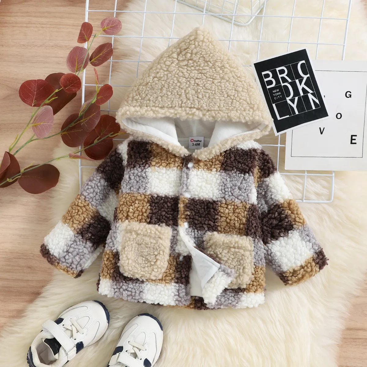 Baby Boy/Girl Plaid Pattern Thermal Fuzzy Hooded Long-sleeve Coat Brown big image 1