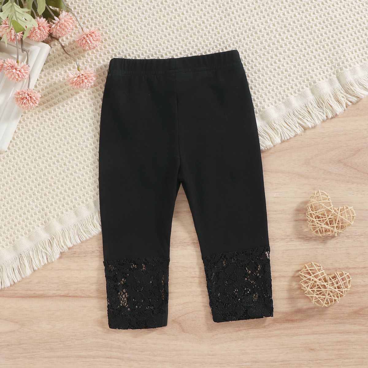 

Baby Girl 95% Cotton Lace Spliced Solid High Waist Leggings