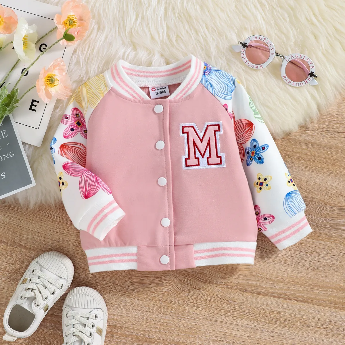 Baby Girl Floral Print Raglan-sleeve Letter Embroidered Button Front Bomber Jacket Pink big image 1