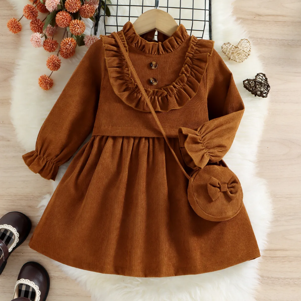Toddler Girl Sweet Ruffle Collar Long-sleeve Corduroy Dress(Bag is inclided) Brown big image 1