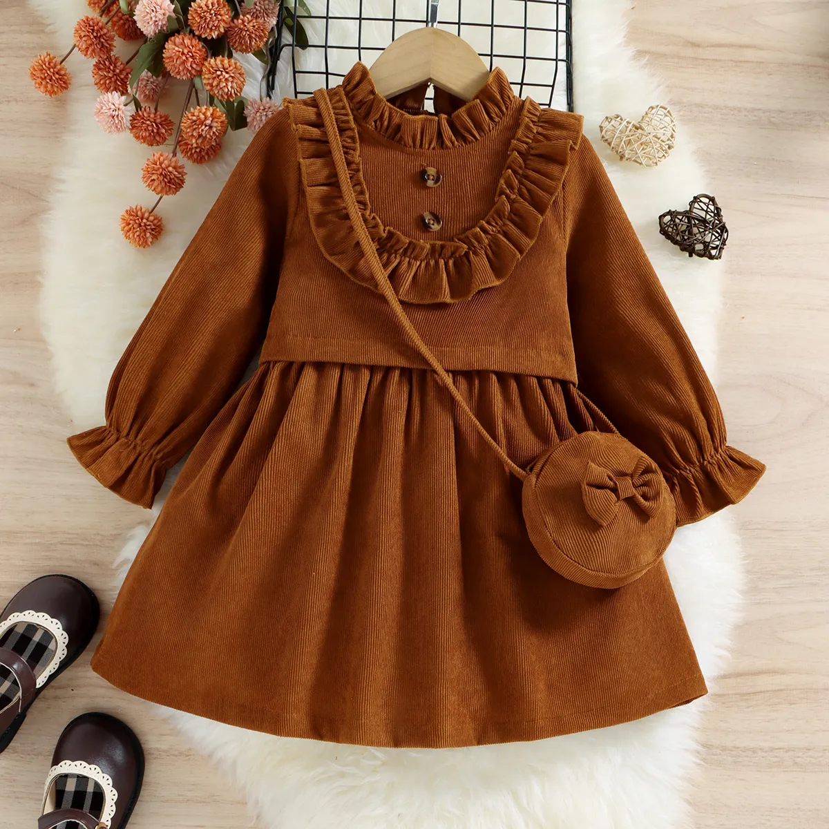 Toddler Girl Sweet Ruffle Collar Long-sleeve Corduroy Dress(Bag is inclided) Brown image 2