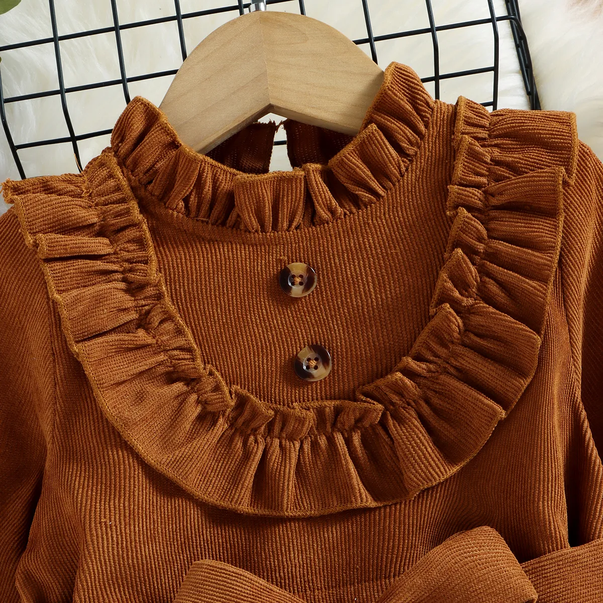 Toddler Girl Sweet Ruffle Collar Long-sleeve Corduroy Dress(Bag is inclided) Brown image 3