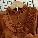 Toddler Girl Sweet Ruffle Collar Long-sleeve Corduroy Dress(Bag is inclided) Brown image 3
