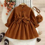 Toddler Girl Sweet Ruffle Collar Long-sleeve Corduroy Dress(Bag is inclided) Brown image 5