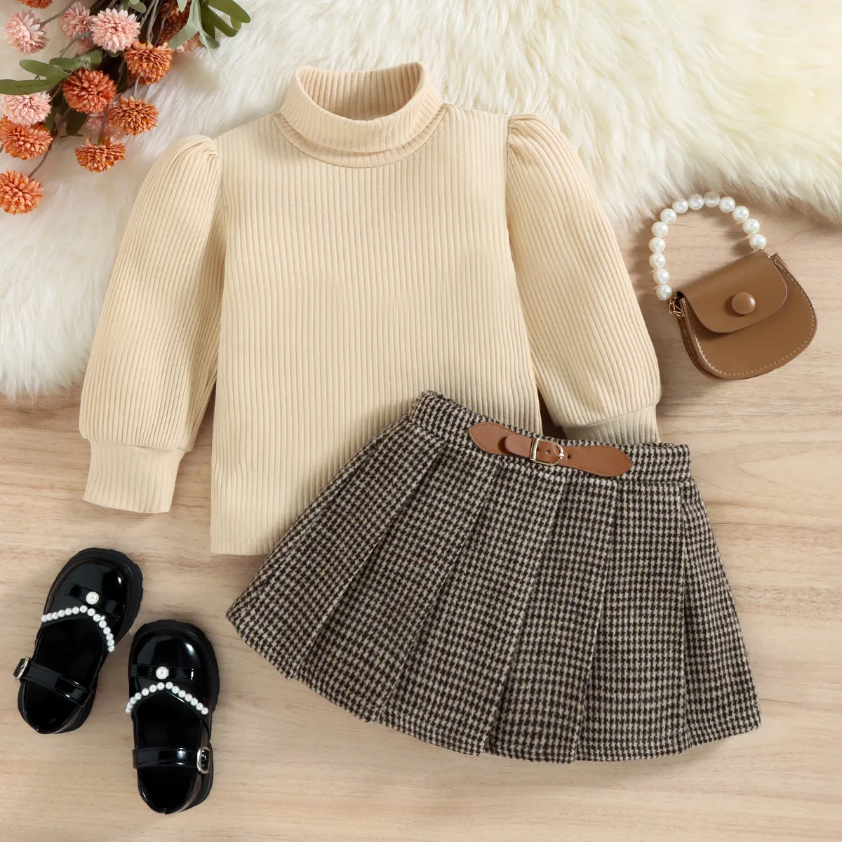2pcs Toddler Girl Pretty Mock Neck Puff-sleeve Te and Houndstooth Pleated Skirt Set Apricot big image 1