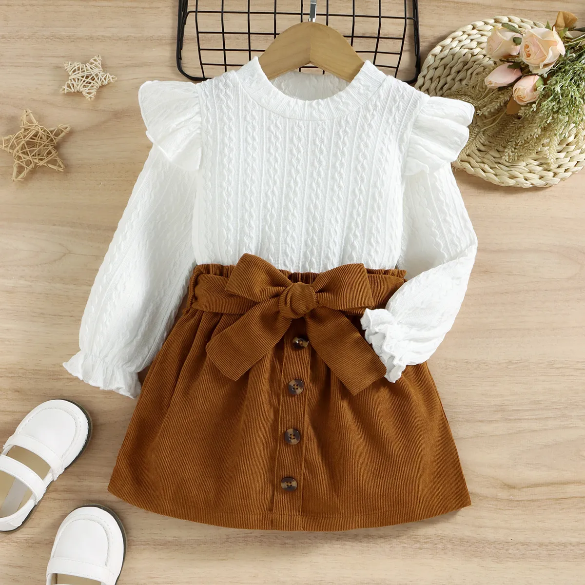 2pcs Toddler Girl Sweet Ruffled Textured Tee and Belted Skirt Set Brown&White big image 1