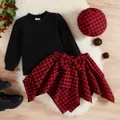 3pcs Toddler Girl Plaid Beret Cap & Black Sweatshirt and Irregular Skirt Set  image 1