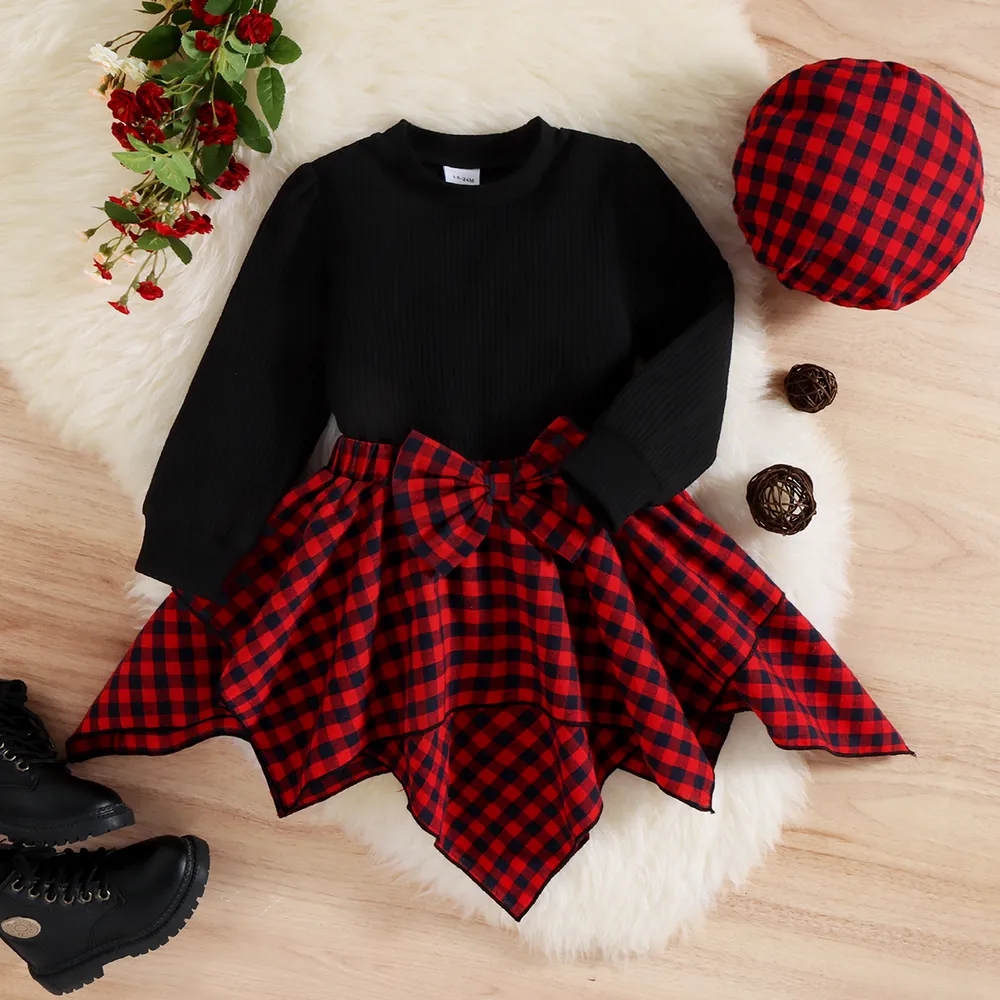 3pcs Toddler Girl Plaid Beret Cap & Black Sweatshirt and Irregular Skirt Set big image 2