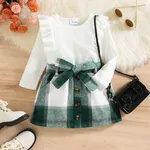 2pcs Toddler Girl Trendy Ruffled Ribbed Long-sleeve Tee and Plaid Button Design Skirt Set Dark Green