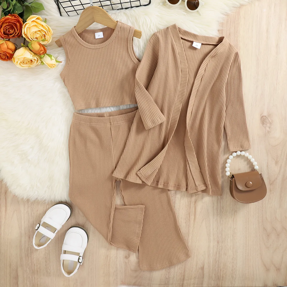 

3pcs Toddler Girl Basic Ribbed Tank Top & Pants and Cardigan Jacket Set