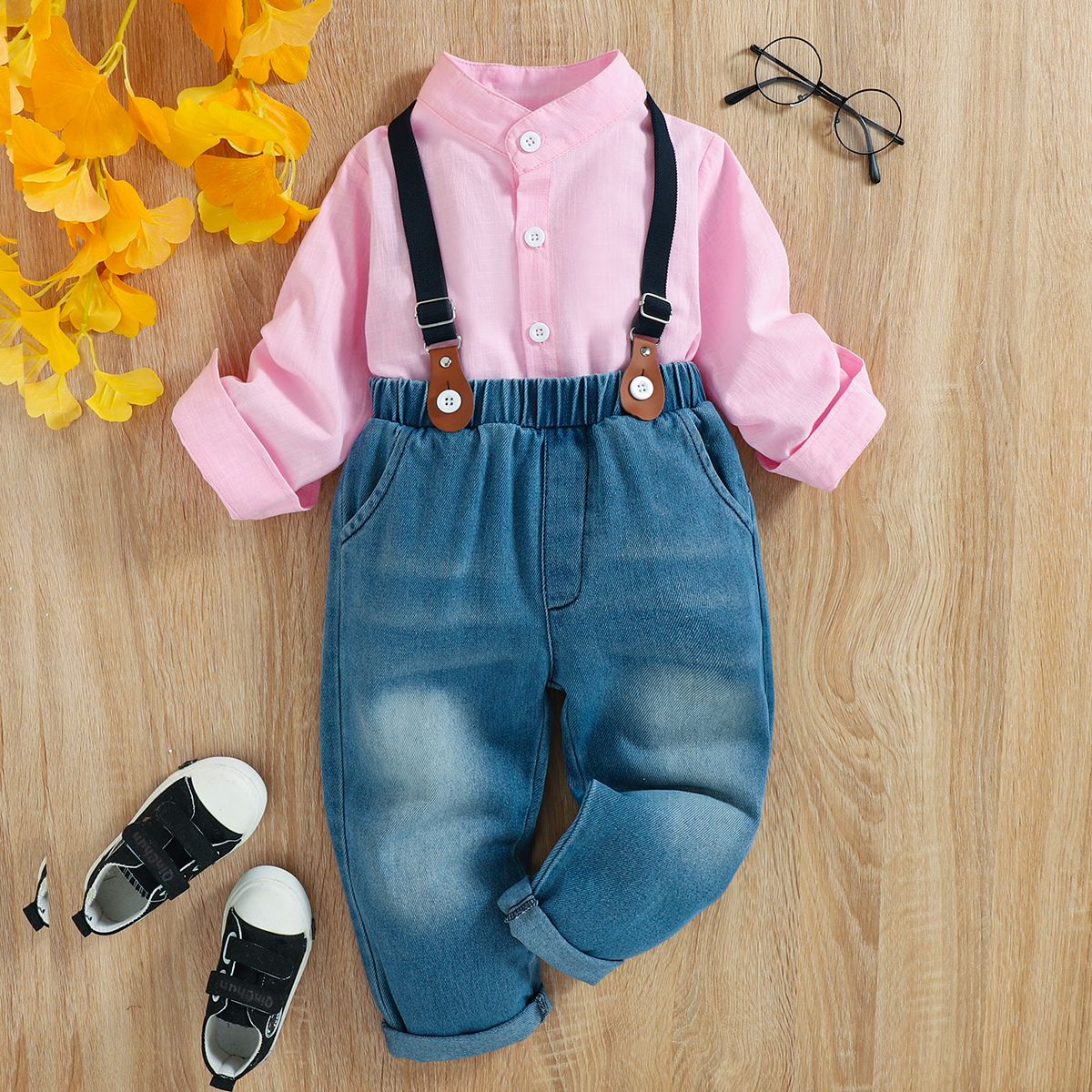 

2pcs Toddler Boy Preppy style Suspender Denim Jeans and Shirt Set
