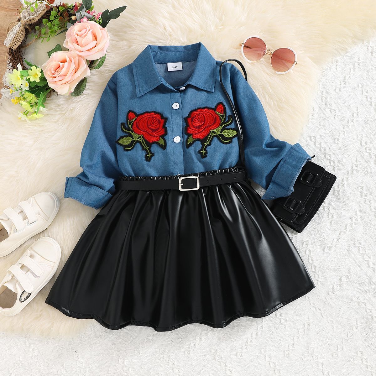 

2pcs Toddler Girl Trendy Floral Embroidered Denim Shirt and PU Skirt Set