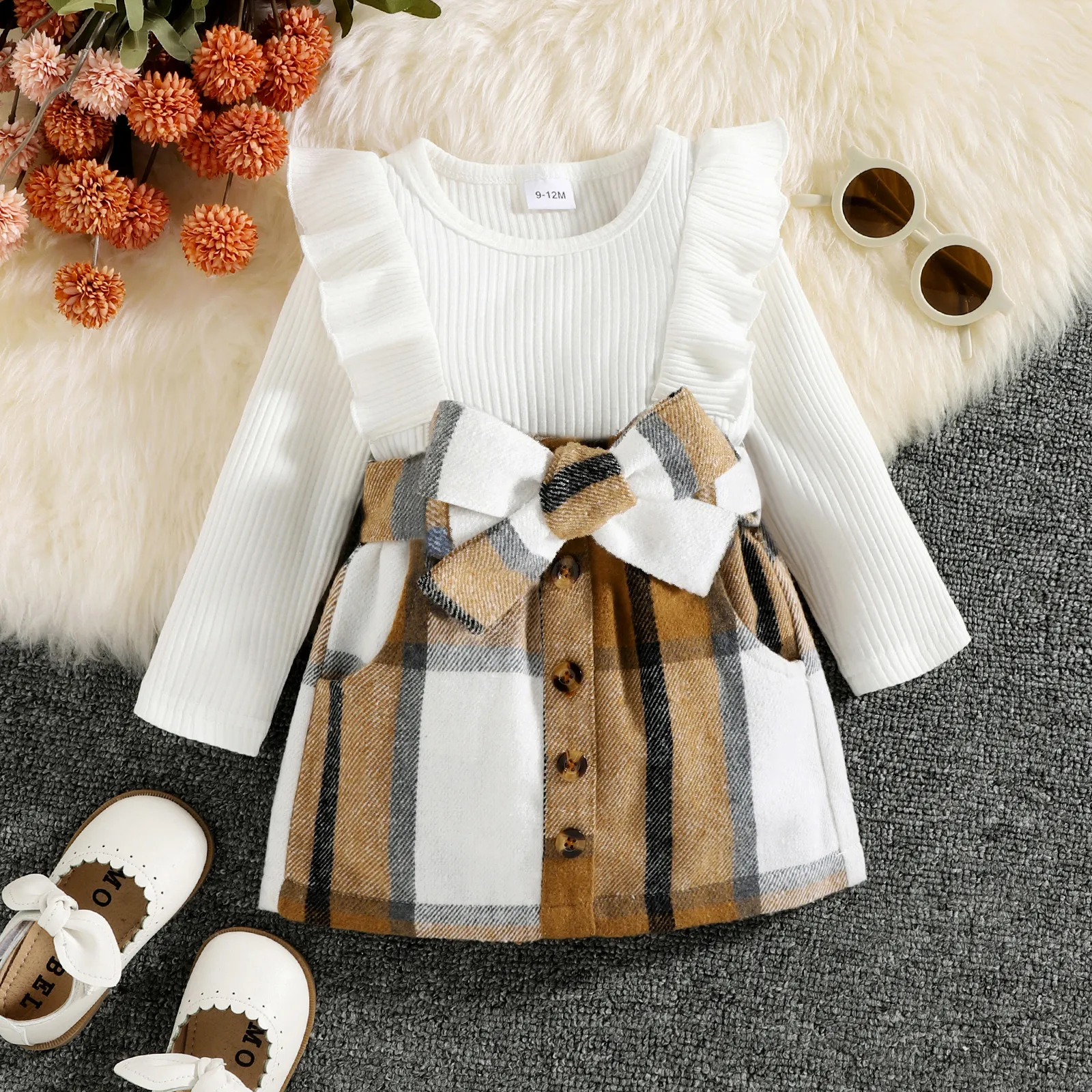 2pcs Baby Girl Solid Rib Knit Ruffle Trim Long-sleeve Romper and Button Front Plaid Belted Skirt Set  big image 1