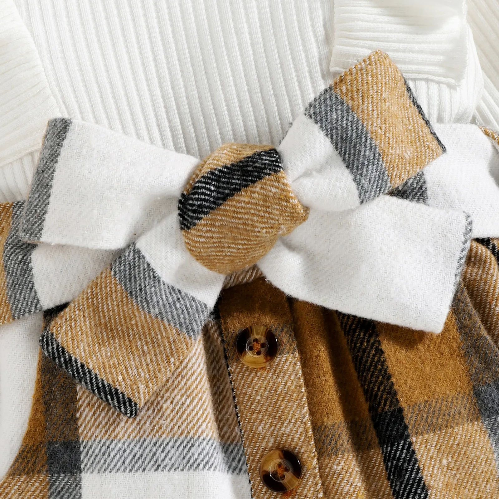 2pcs Baby Girl Solid Rib Knit Ruffle Trim Long-sleeve Romper and Button Front Plaid Belted Skirt Set  image 6