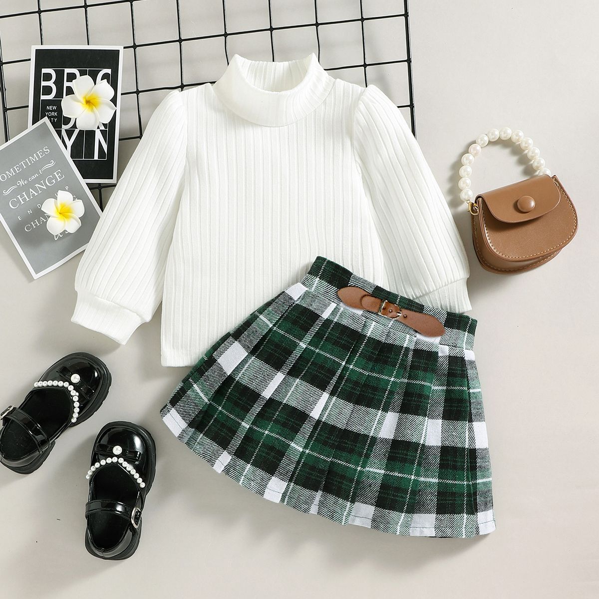 

2pcs Toddler Girl Preppy style Mock Neck Ribbed Tee and Plaid Pleated Skirt Set