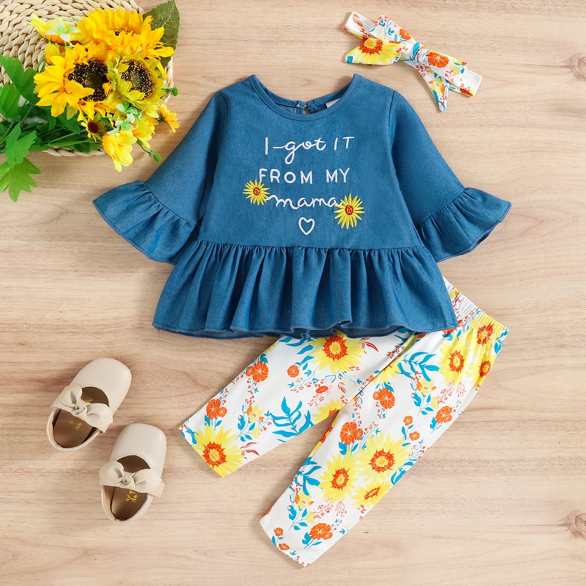 

3pcs Baby Girl Letter Embroidered Imitation Denim Flare-sleeve Ruffle Top and Allover Floral Print Pants with Headband Set