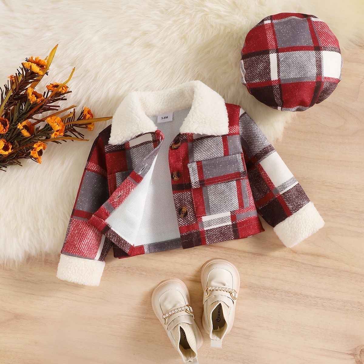 

2pcs Baby Girl Red Plaid Long-sleeve Fuzzy Collar Jacket with Hat Set