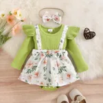 2pcs Baby Girl 95% Cotton Ribbed Long-sleeve Faux-two Floral Print Romper with Headband Set Green
